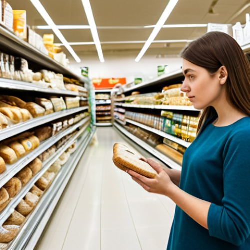 Home 4 A modern-day professional woman in a modest, smart casual outfit, standing thoughtfully in a well-lit supermarket aisle. She is holding a "gluten-free" labeled product, carefully examining its ingredients. The shelves around her are neatly stocked with a diverse array of gluten-free alternatives like artisanal breads, pastas, and snacks, indicating the significant expansion of such options. The scene is well-composed, emphasizing the journey of mindful shopping. The image should convey a sense of quiet discovery and empowerment through informed choices. Perfect anatomy, correct proportions, natural pose, well-formed hands, proper finger count, natural body proportions, professional photography, high quality, realistic, safe for work, appropriate content, fully clothed, modest, family-friendly.