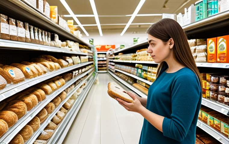 A modern-day professional woman in a modest, smart casual outfit, standing thoughtfully in a well-lit supermarket aisle. She is holding a "gluten-free" labeled product, carefully examining its ingredients. The shelves around her are neatly stocked with a diverse array of gluten-free alternatives like artisanal breads, pastas, and snacks, indicating the significant expansion of such options. The scene is well-composed, emphasizing the journey of mindful shopping. The image should convey a sense of quiet discovery and empowerment through informed choices. Perfect anatomy, correct proportions, natural pose, well-formed hands, proper finger count, natural body proportions, professional photography, high quality, realistic, safe for work, appropriate content, fully clothed, modest, family-friendly.