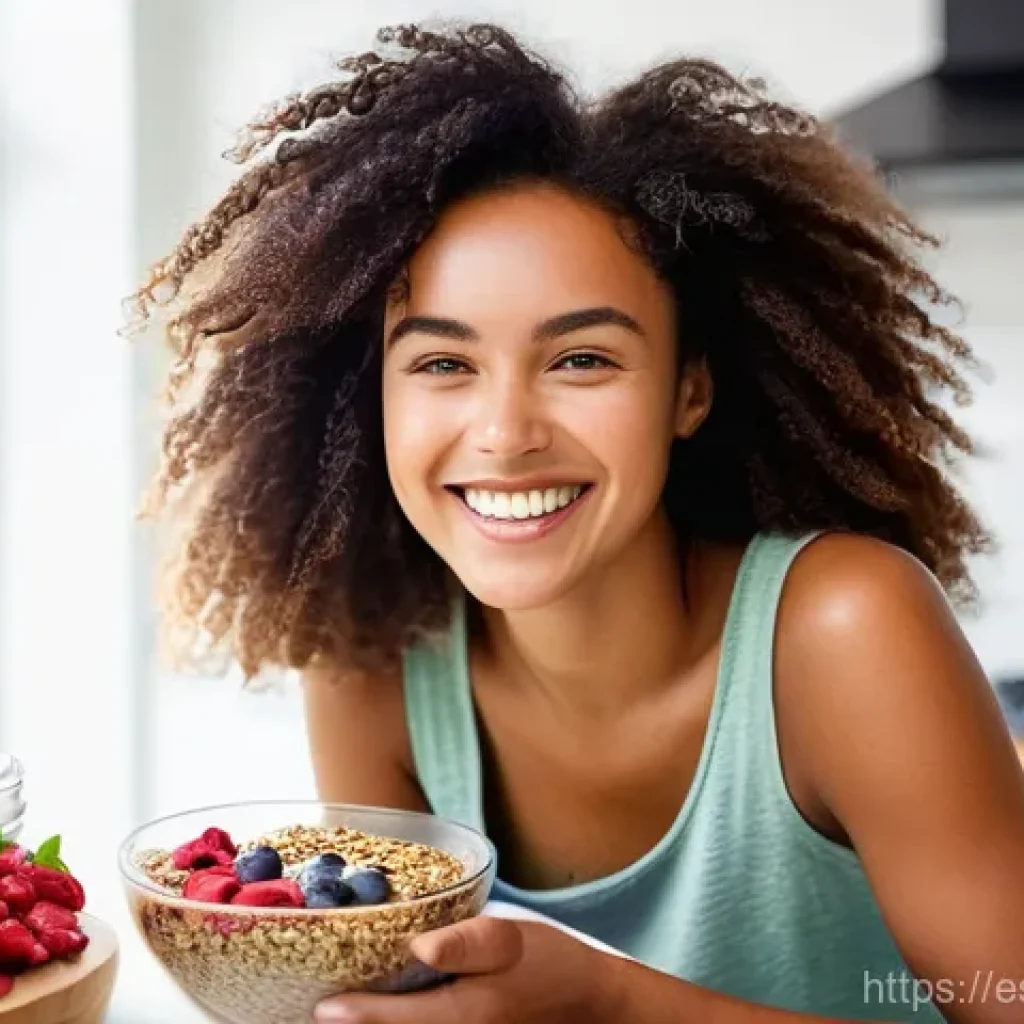 가장 영양가 높은 슈퍼푸드 - **Vibrant Superfood Breakfast Bowl**: A young woman, approximately 25-30 years old, with a bright an...
