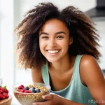 가장 영양가 높은 슈퍼푸드 - **Vibrant Superfood Breakfast Bowl**: A young woman, approximately 25-30 years old, with a bright an...