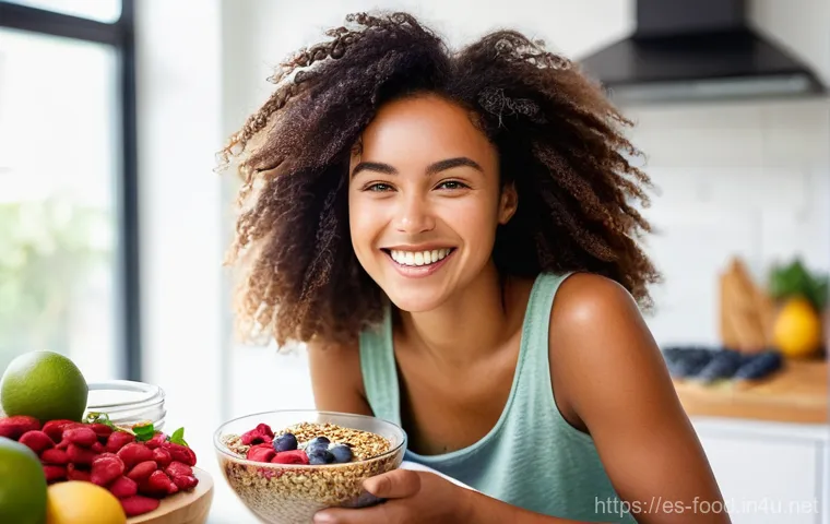 가장 영양가 높은 슈퍼푸드 - **Vibrant Superfood Breakfast Bowl**: A young woman, approximately 25-30 years old, with a bright an...