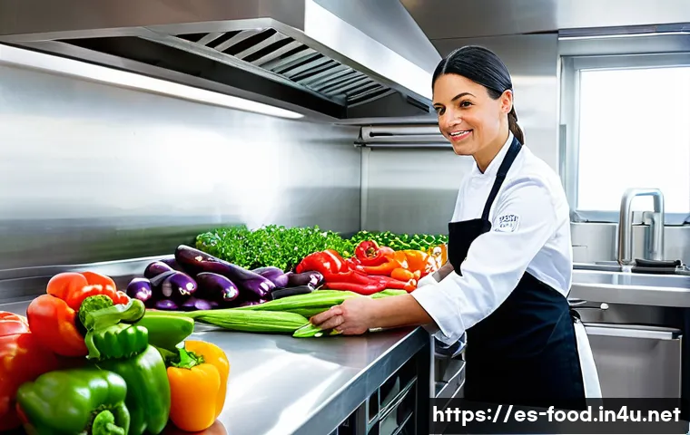 식자재 도매 사이트 추천 - **Prompt 1: A Spanish Chef Inspecting Fresh Produce in a Modern Kitchen**
    "A professional female...