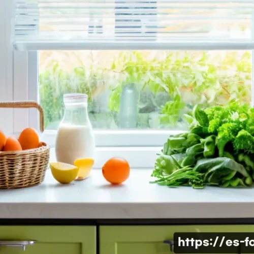 식자재 주기별 구매 방법 - A bright, well-organized Spanish kitchen scene showing a weekly shopping haul of fresh daily-use foo...