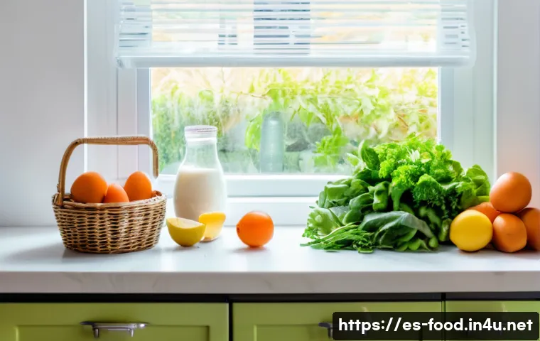 식자재 주기별 구매 방법 - A bright, well-organized Spanish kitchen scene showing a weekly shopping haul of fresh daily-use foo...