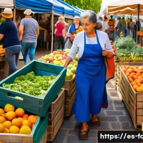 대형 마트 식자재 가격 - A vibrant outdoor Spanish farmers market scene in early autumn, showcasing a colorful variety of fre...