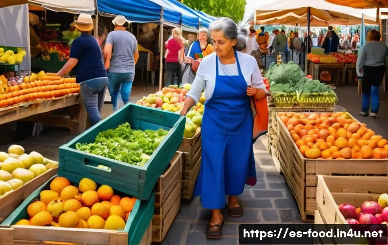 대형 마트 식자재 가격 - A vibrant outdoor Spanish farmers market scene in early autumn, showcasing a colorful variety of fre...