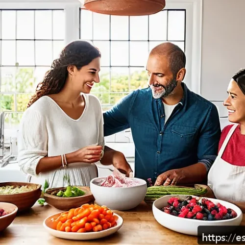 Home 30 프로바이오틱스 함유 식자재 - A vibrant and cozy kitchen scene showcasing a Spanish family preparing traditional fermented foods f...