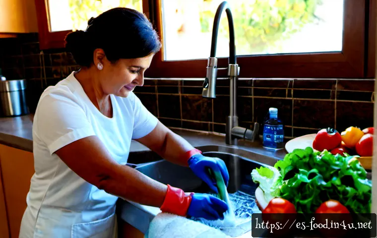 식품 안전 관리법 - Photorealistic Spanish-speaking home kitchen food safety scene, a middle-aged woman wearing clean gl...